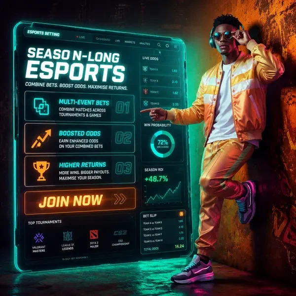 DJ interacting with holographic esports betting interface at Season-Long SlotsDJ
