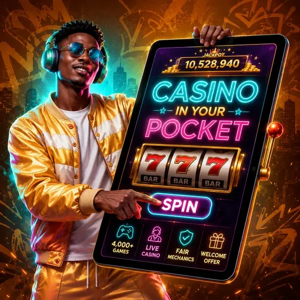 DJ character engaging with digital slot machine displaying SlotsDJ Android App features