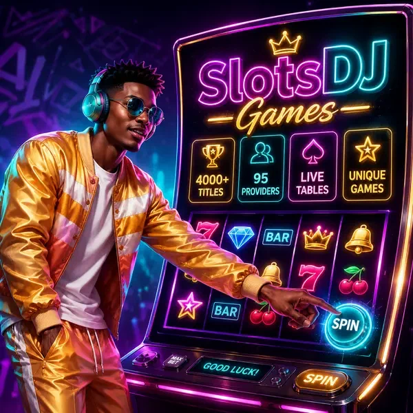 Urban character engaging with SlotsDJ Casino Games slot interface in neon-lit gaming atmosphere