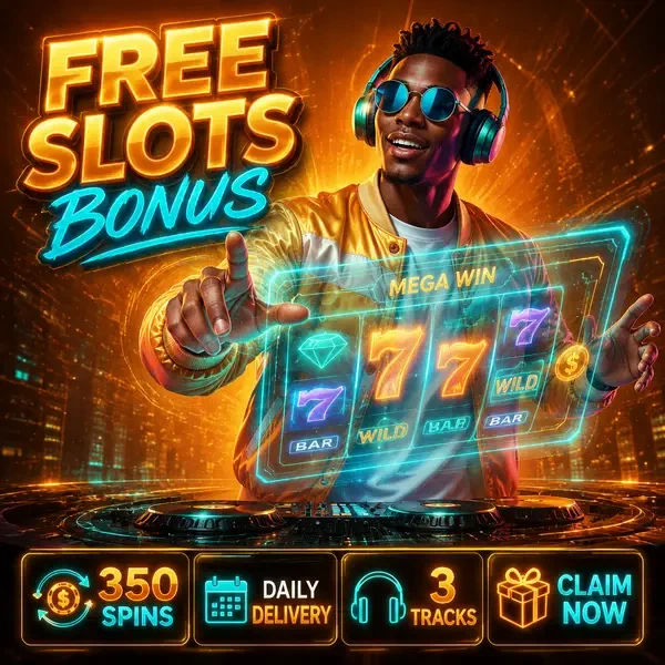 Urban DJ spinning free slots reels at SlotsDJ with holographic bonus interface