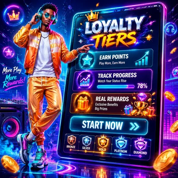 DJ presenting SlotsDJ loyalty tiers dashboard as player tracks progress