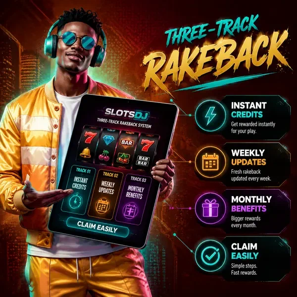 Player claims instant weekly rakeback rewards at SlotsDJ's three-track bonus system