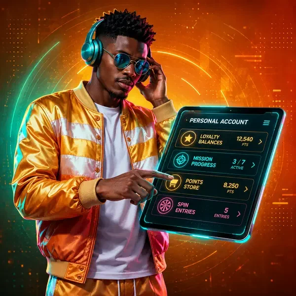 Player checking loyalty balances and missions at SlotsDJ Personal Account interface