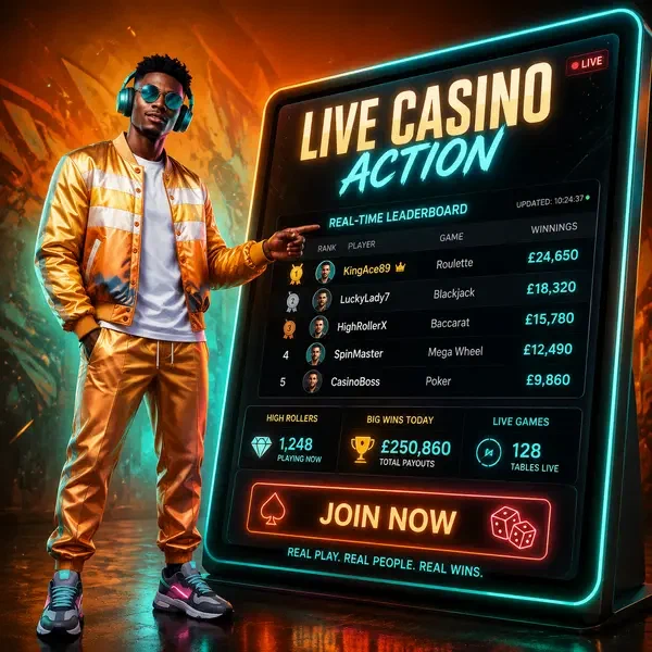 Athletic player pointing at SlotsDJ Tournaments live casino leaderboard with real-time data