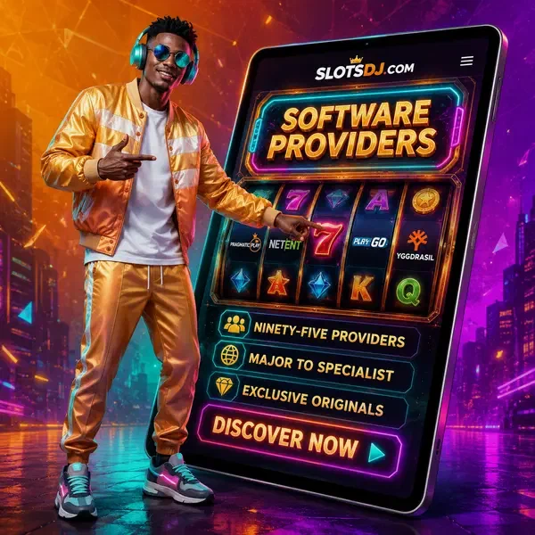 Charismatic player exploring SlotsDJ software providers on glowing tablet interface