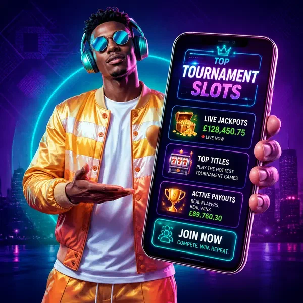 Stylish player showcasing top tournament slots on glowing smartphone at neon-lit gaming floor