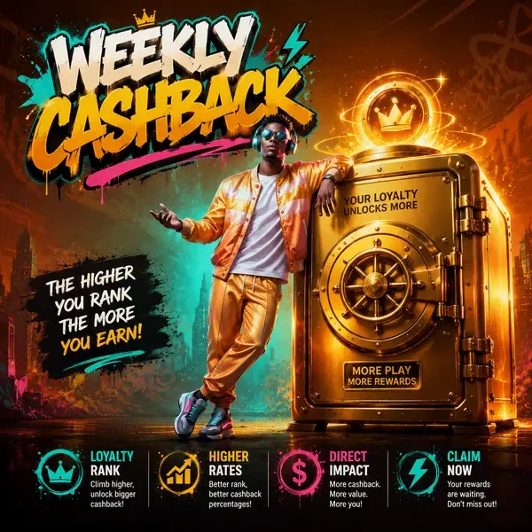 DJ-style character presenting Weekly Cashback vault as player logs into golden rewards portal