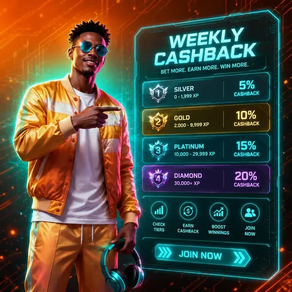 Stylish loyalty ambassador showcasing Weekly SlotsDJ Esports Cashback tiers for esports betting rewards