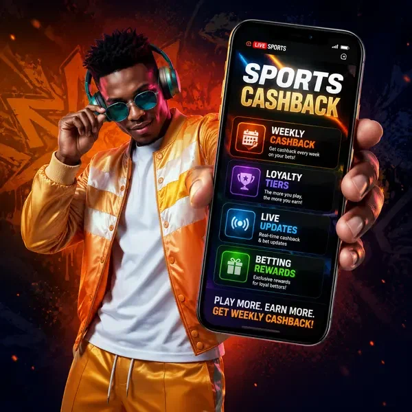 Charismatic DJ showing weekly sports betting cashback on smartphone at SlotsDJ loyalty hub
