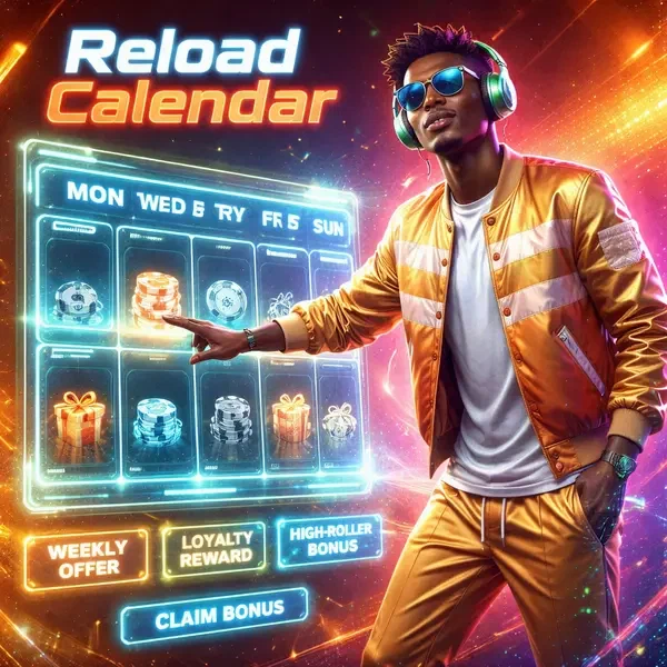 Player interacting with holographic reload calendar at SlotsDJ after signing up