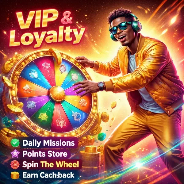 VIP player spinning wheel at SlotsDJ Casino loyalty program with exclusive rewards