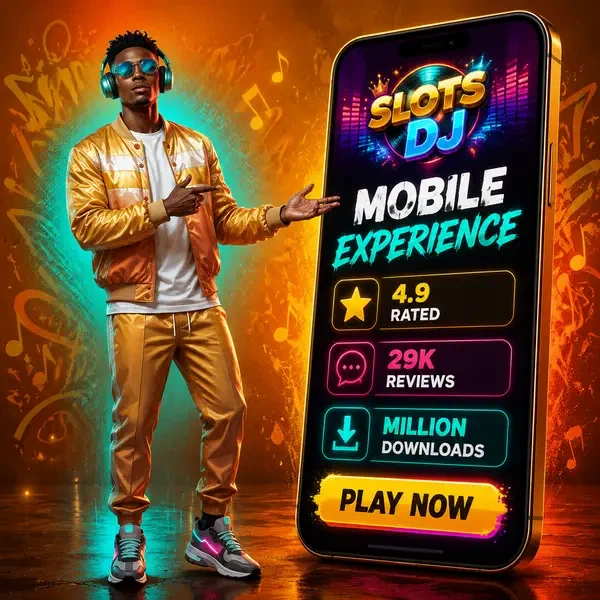 Energetic DJ showcasing SlotsDJ mobile app interface on glowing smartphone screen