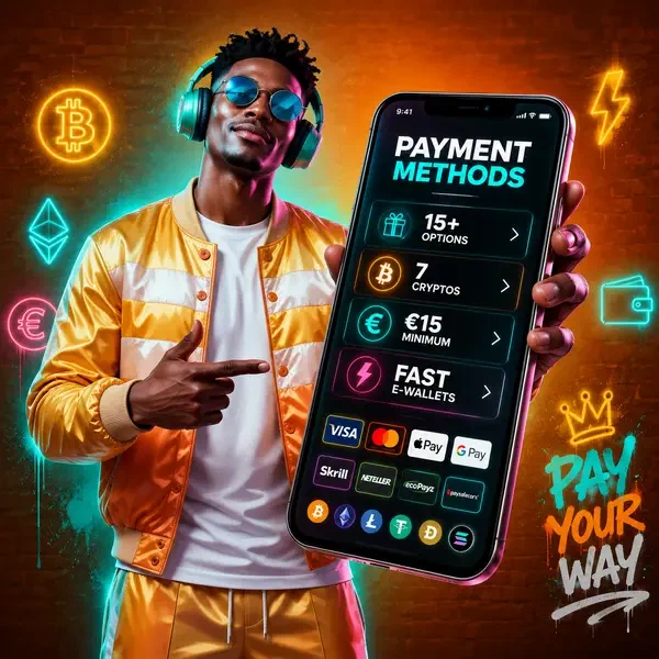 Urban DJ showcasing SlotsDJ payment methods on smartphone with crypto options