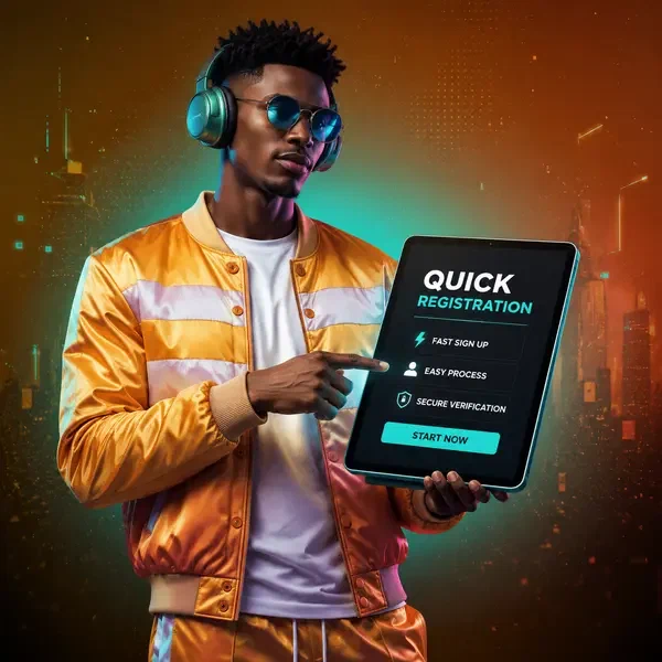 Player ready to sign up at SlotsDJ with tablet showing registration interface
